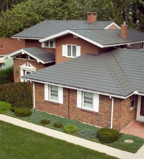 charcoal metal roof on brick house|pictures of brick house roofs.